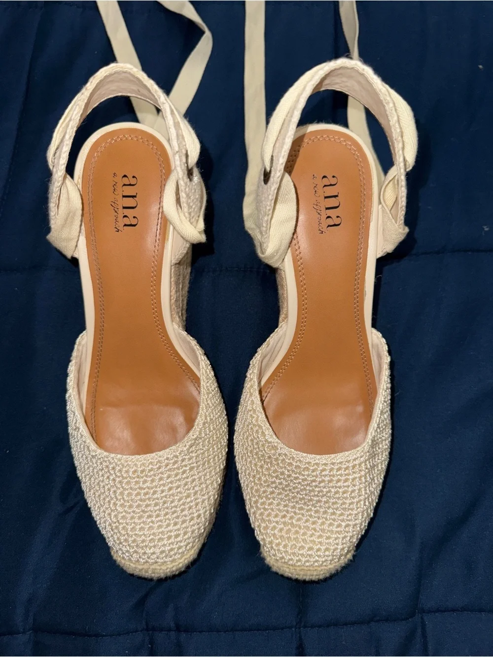 Cream Woven Espadrille Wedges with Wrap-around Ties